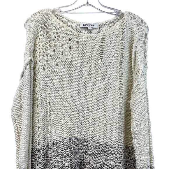 Elizabeth and James Long Cuffed Sleeve Distressed Sweater Cream/Brown XS - Picture 2 of 9